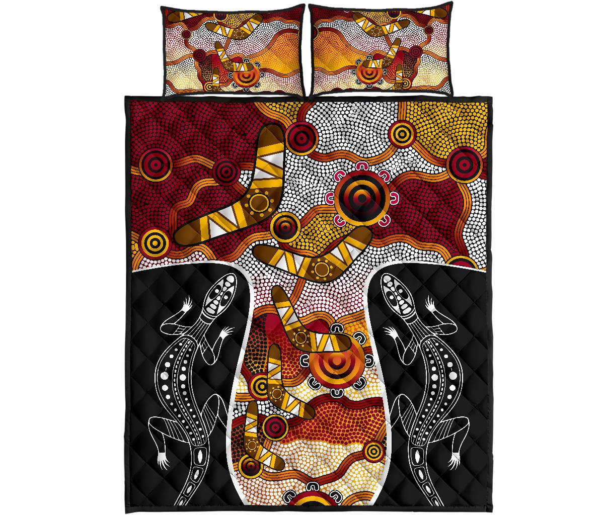 Aboriginal Quilt Cover Set, Dot Painting Lizard Boomerang Patterns - Vibe Hoodie Shop