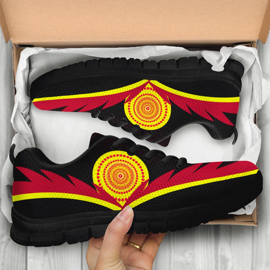 Aboriginal Sneakers - Indigenous Flag With Footprint Hand Art - Vibe Hoodie Shop