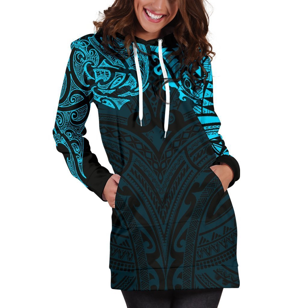 New Zealand Women's Hoodie Dress, Maori Polynesian Tattoo Blue - Vibe Hoodie Shop