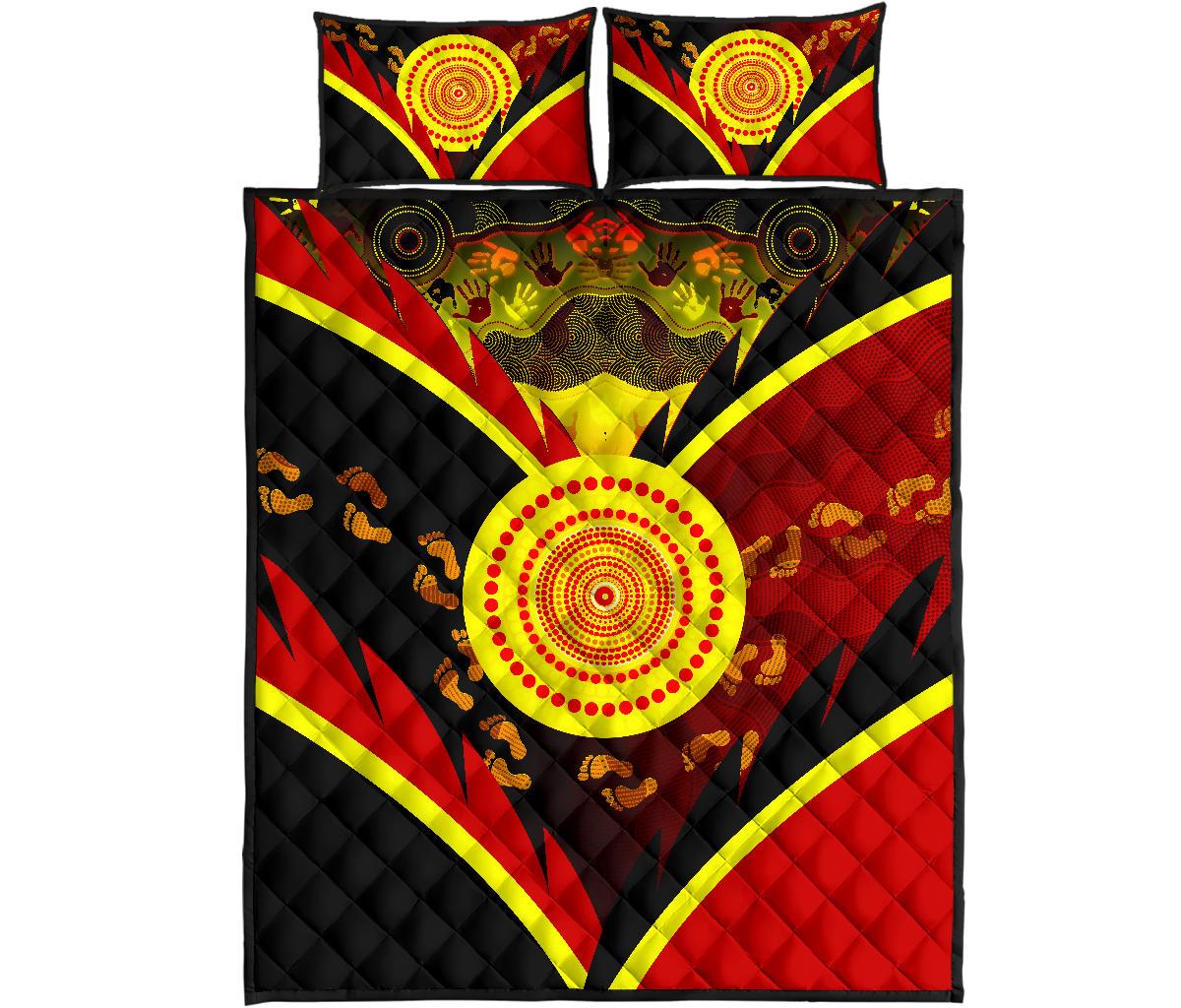 Aboriginal Quilt Bed Set - Indigenous Flag With Footprint Hand Art - Vibe Hoodie Shop