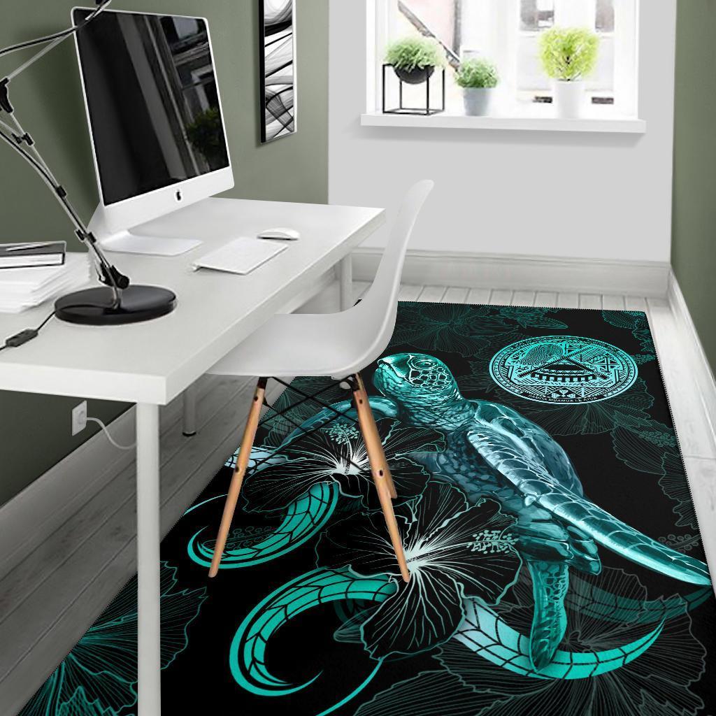 American Samoa Polynesian Area Rugs - Turtle With Blooming Hibiscus Turquoise - Vibe Hoodie Shop