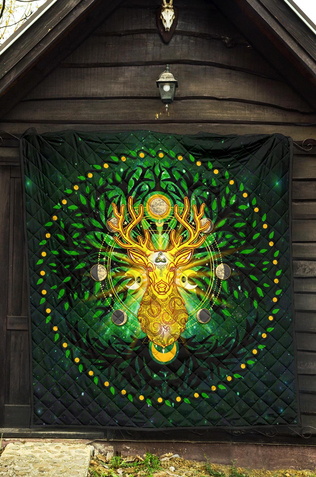 Celtic Pagan Deer Premium Quilt - Moon Phases Deer with Tree of Life - Vibe Hoodie Shop