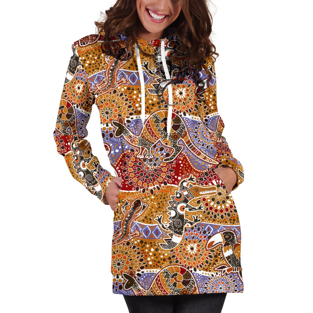 Aboriginal Hoodie Dress, Koala Kangaroo Patterns Australian Animals - Vibe Hoodie Shop