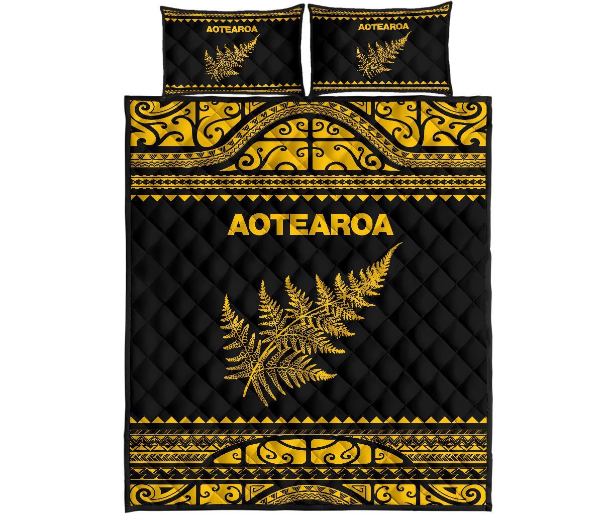 Aotearoa New Zealand Maori Quilt Bed Set Silver Fern Yellow - Vibe Hoodie Shop