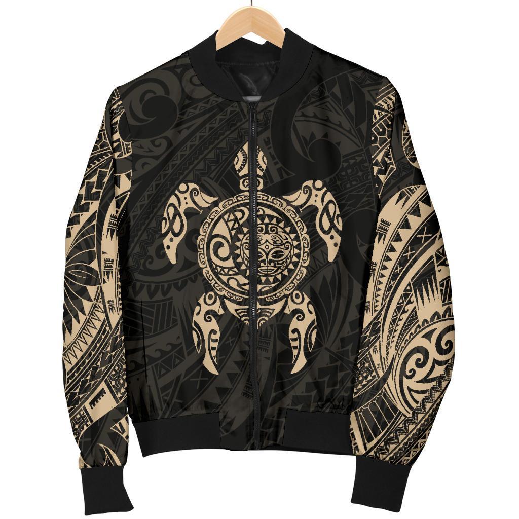 New Zealand Women Bomber Jacket, Maori Turtle Tattoo - Gold - Vibe Hoodie Shop