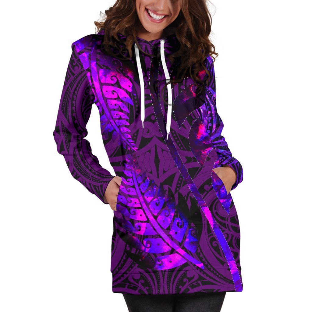 Aotearoa Maori Women Hoodie Dress Silver Fern Koru Vibes Purple - Vibe Hoodie Shop