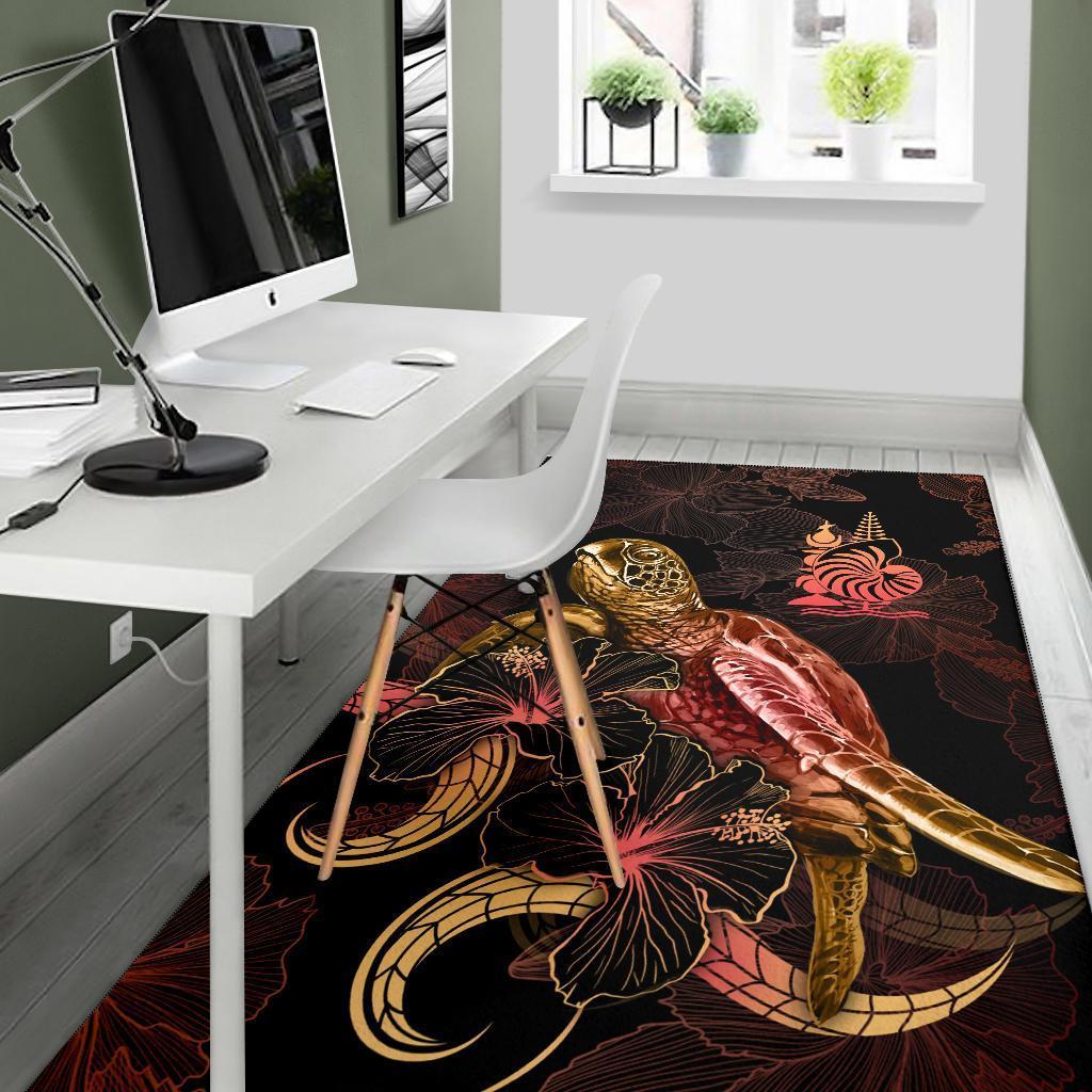 New Caledonia Polynesian Area Rugs - Turtle With Blooming Hibiscus Gold - Vibe Hoodie Shop