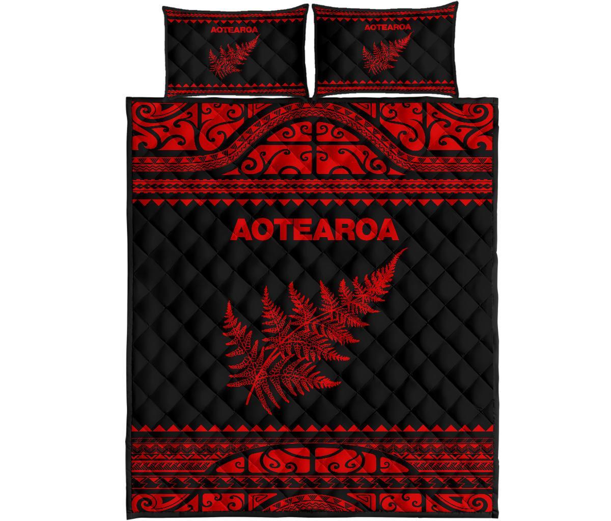 Aotearoa New Zealand Maori Quilt Bed Set Silver Fern Red - Vibe Hoodie Shop