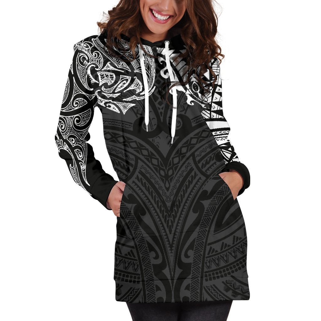 New Zealand Women's Hoodie Dress, Maori Polynesian Tattoo White - Vibe Hoodie Shop