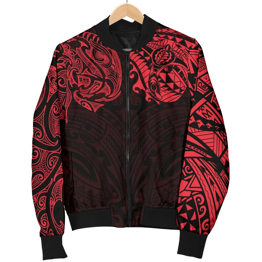 New Zealand Women's Bomber Jacket, Maori Polynesian Tattoo Red - Vibe Hoodie Shop