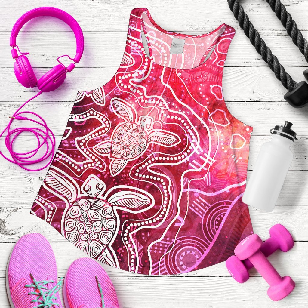 Aboriginal Women's Racerback Tank - Sea Turtle With Indigenous Patterns (Pink) - Vibe Hoodie Shop