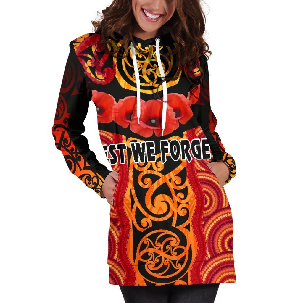 ANZAC Lest We Forget Poppy Women Hoodie Dress New Zealand Maori Silver Fern - Australia Aboriginal - Vibe Hoodie Shop