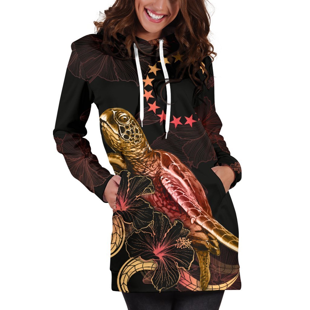 Cook Islands Polynesian Hoodie Dress - Turtle With Blooming Hibiscus Gold - Vibe Hoodie Shop