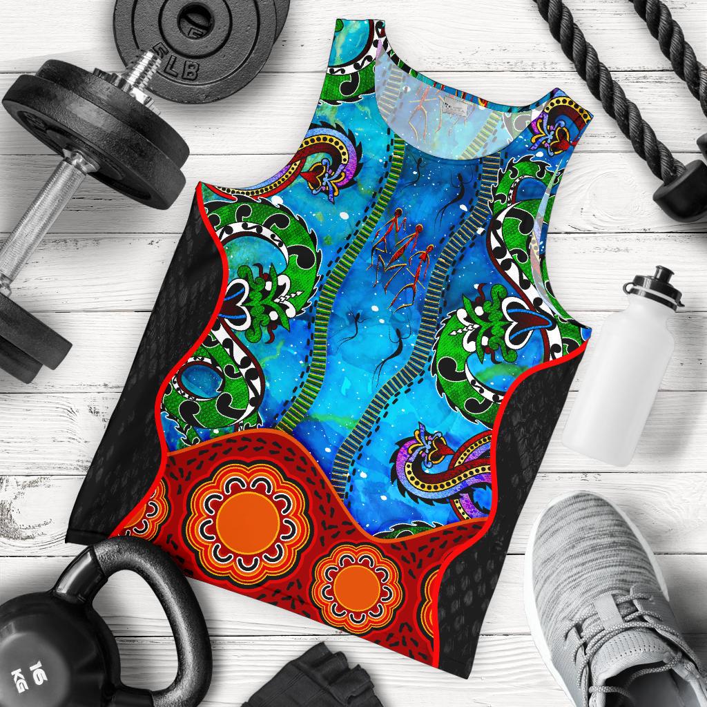 Aboriginal Men's Tank Top - Aussie Indigenous Patterns Blue - Vibe Hoodie Shop