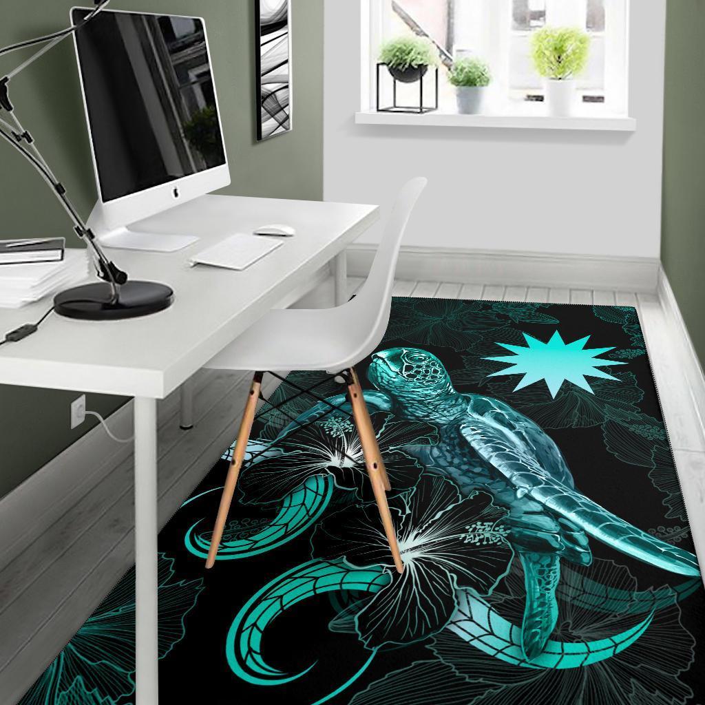 Nauru Polynesian Area Rugs - Turtle With Blooming Hibiscus Turquoise - Vibe Hoodie Shop