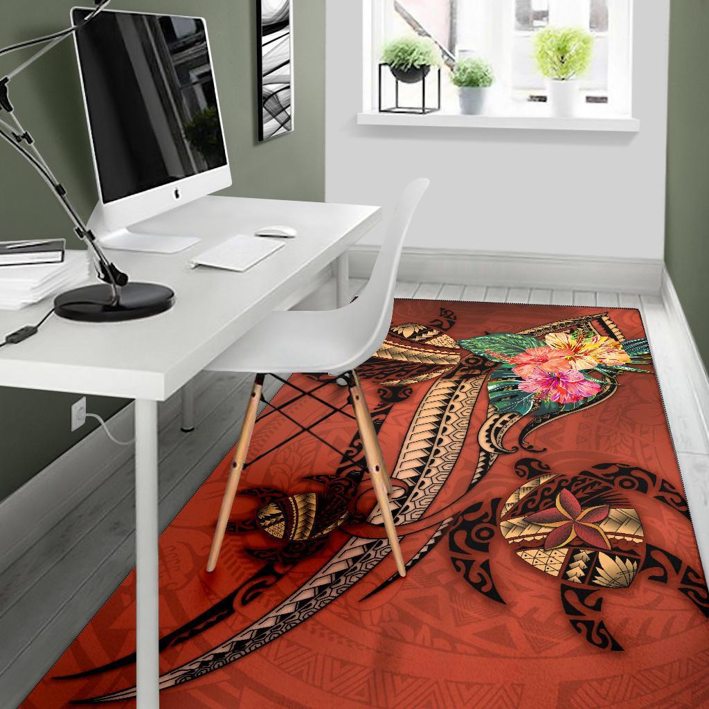 Polynesian Turtle Area Rug - Tribal Tattoo with Hibiscus Coral - Vibe Hoodie Shop