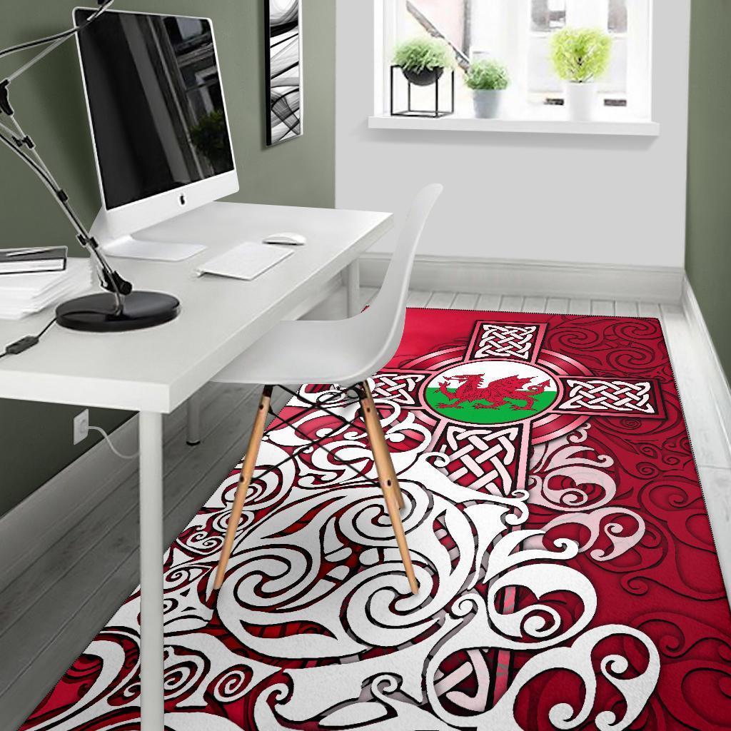 Wales Celtic Area Rug - Welsh Dragon Flag with Celtic Cross - Vibe Hoodie Shop