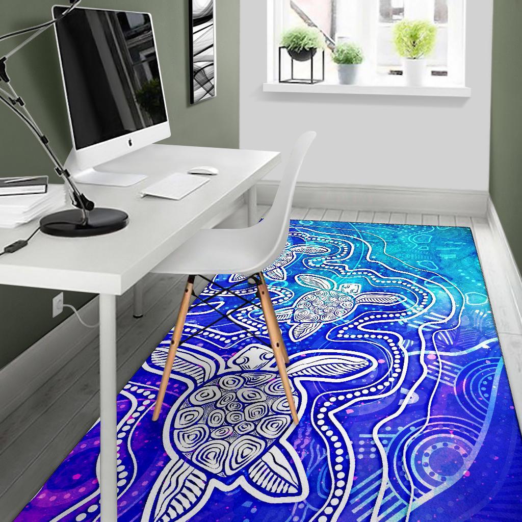 Aboriginal Area Rug - Sea Turtle With Indigenous Patterns (Blue) - Vibe Hoodie Shop