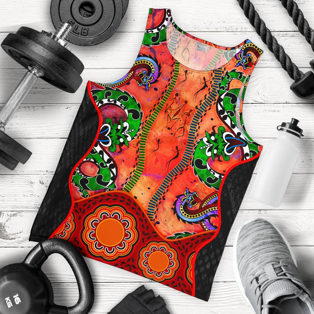 Aboriginal Men's Tank Top - Aussie Indigenous Patterns Orange - Vibe Hoodie Shop