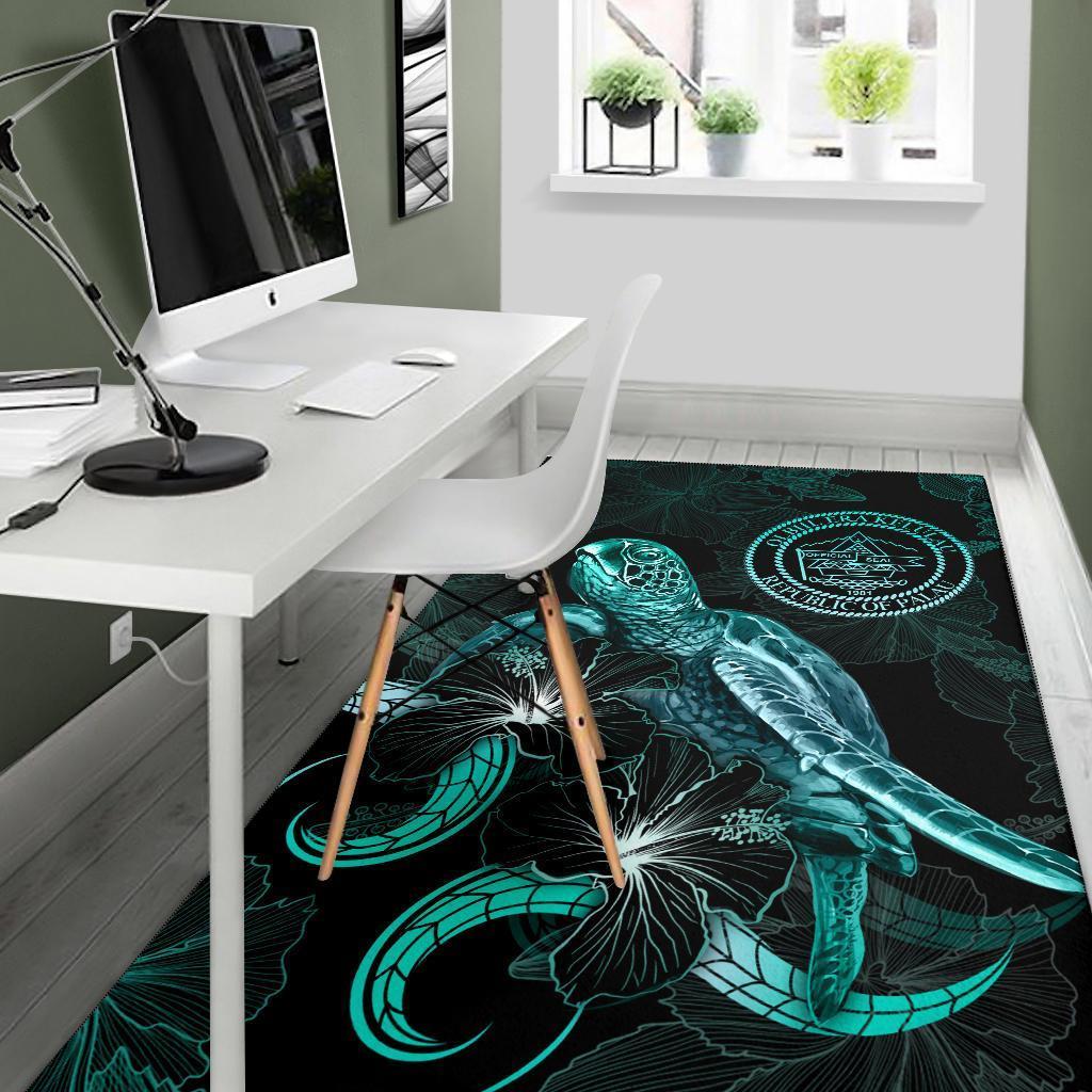 Palau Polynesian Area Rugs - Turtle With Blooming Hibiscus Turquoise - Vibe Hoodie Shop