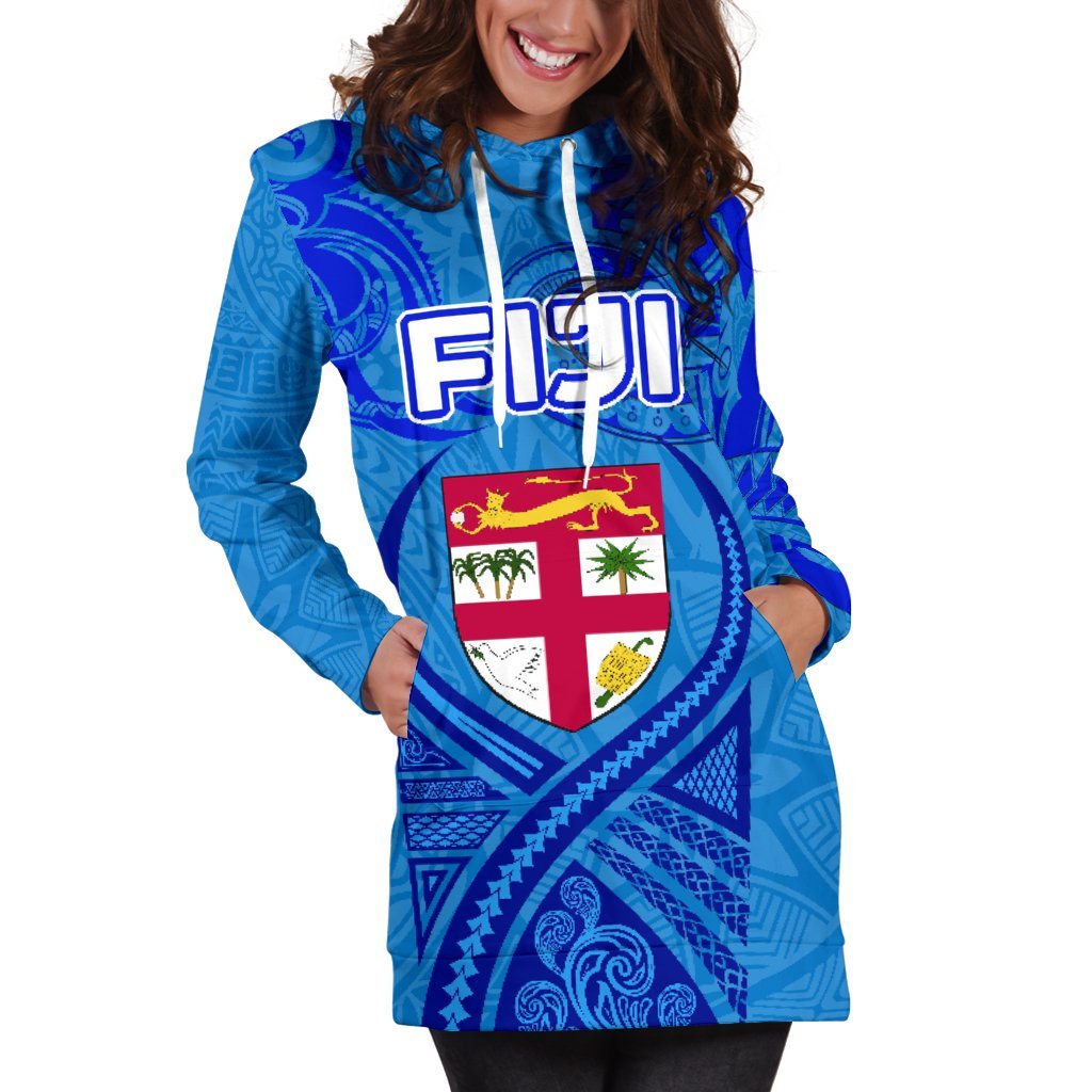 Blue Women Hoodie Dress Fiji Rugby Polynesian Waves Style - Vibe Hoodie Shop