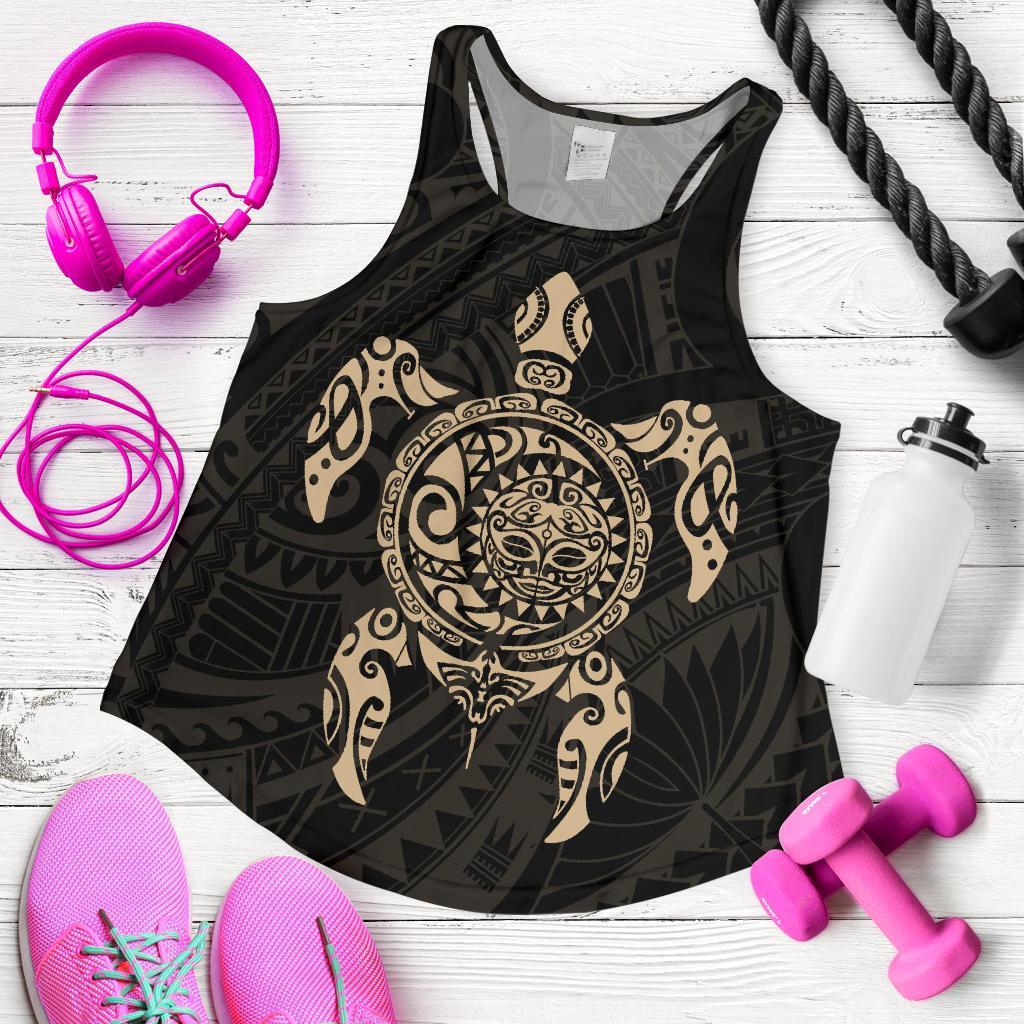 New Zealand Women Racerback Tank, Maori Turtle Tattoo - Gold - Vibe Hoodie Shop