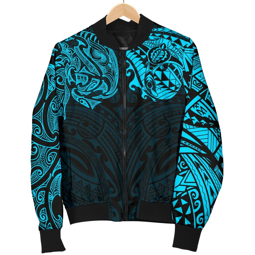 New Zealand Women's Bomber Jacket, Maori Polynesian Tattoo Blue - Vibe Hoodie Shop