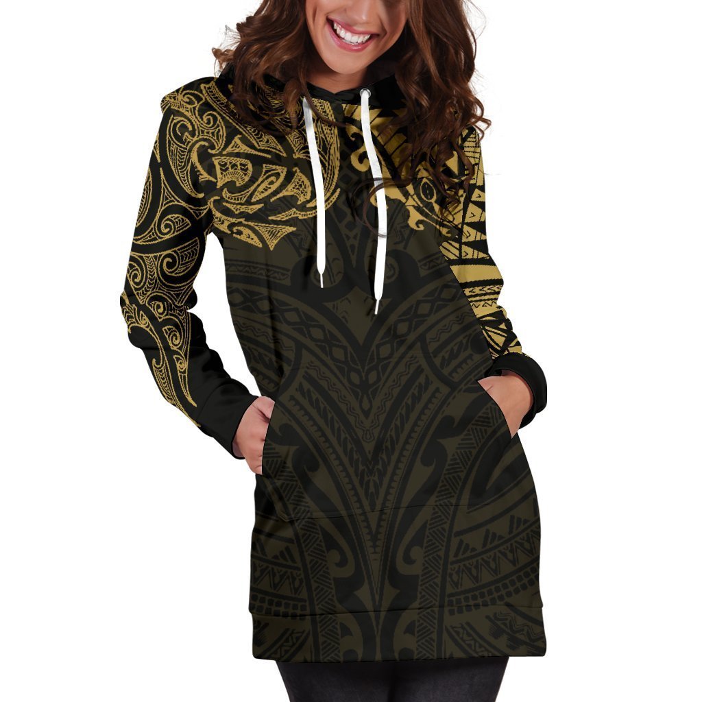 New Zealand Women's Hoodie Dress, Maori Polynesian Tattoo Gold - Vibe Hoodie Shop