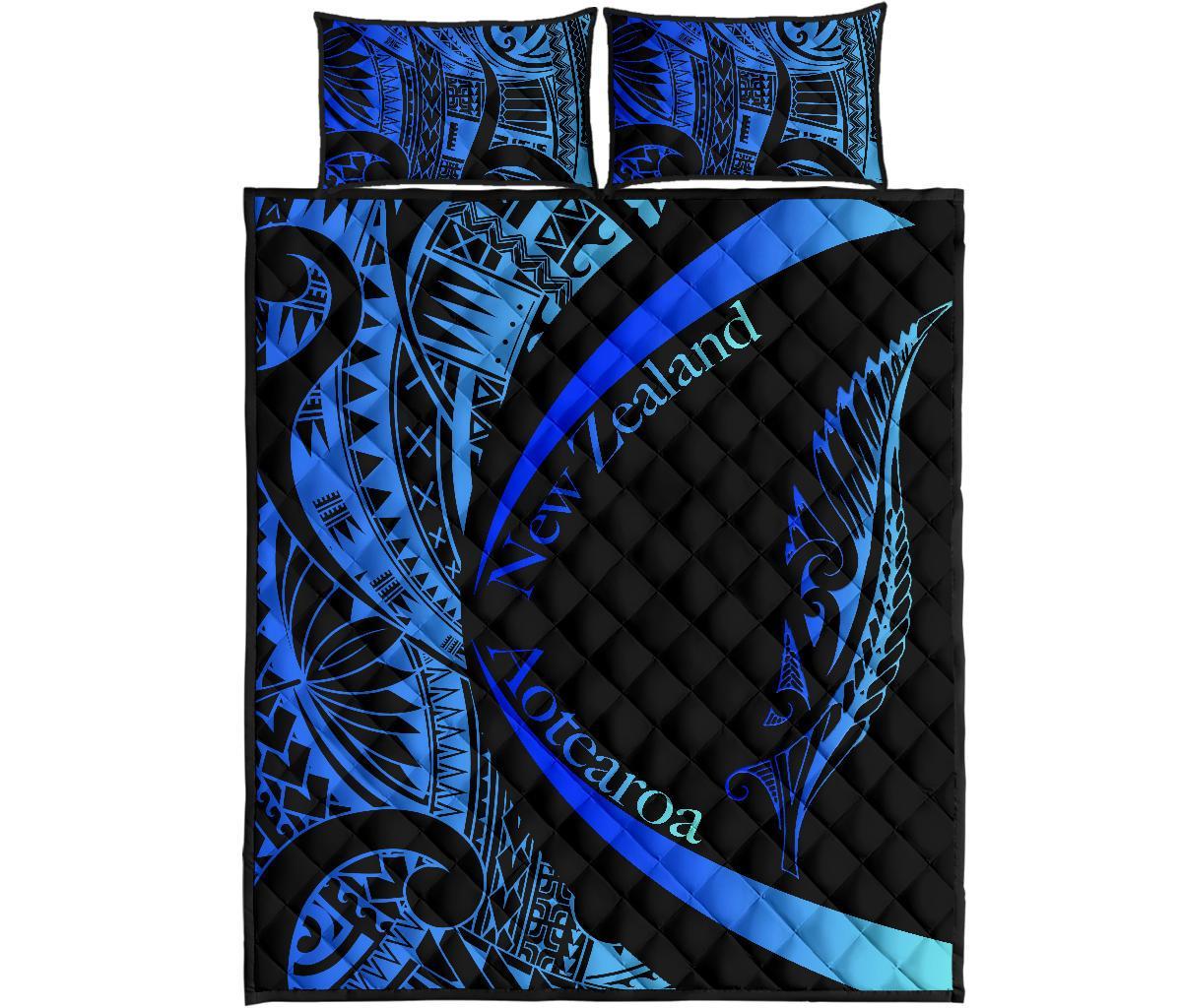 New Zealand Silver Fern Quilt Bed Set Maori Tattoo Circle Style - Blue - Vibe Hoodie Shop