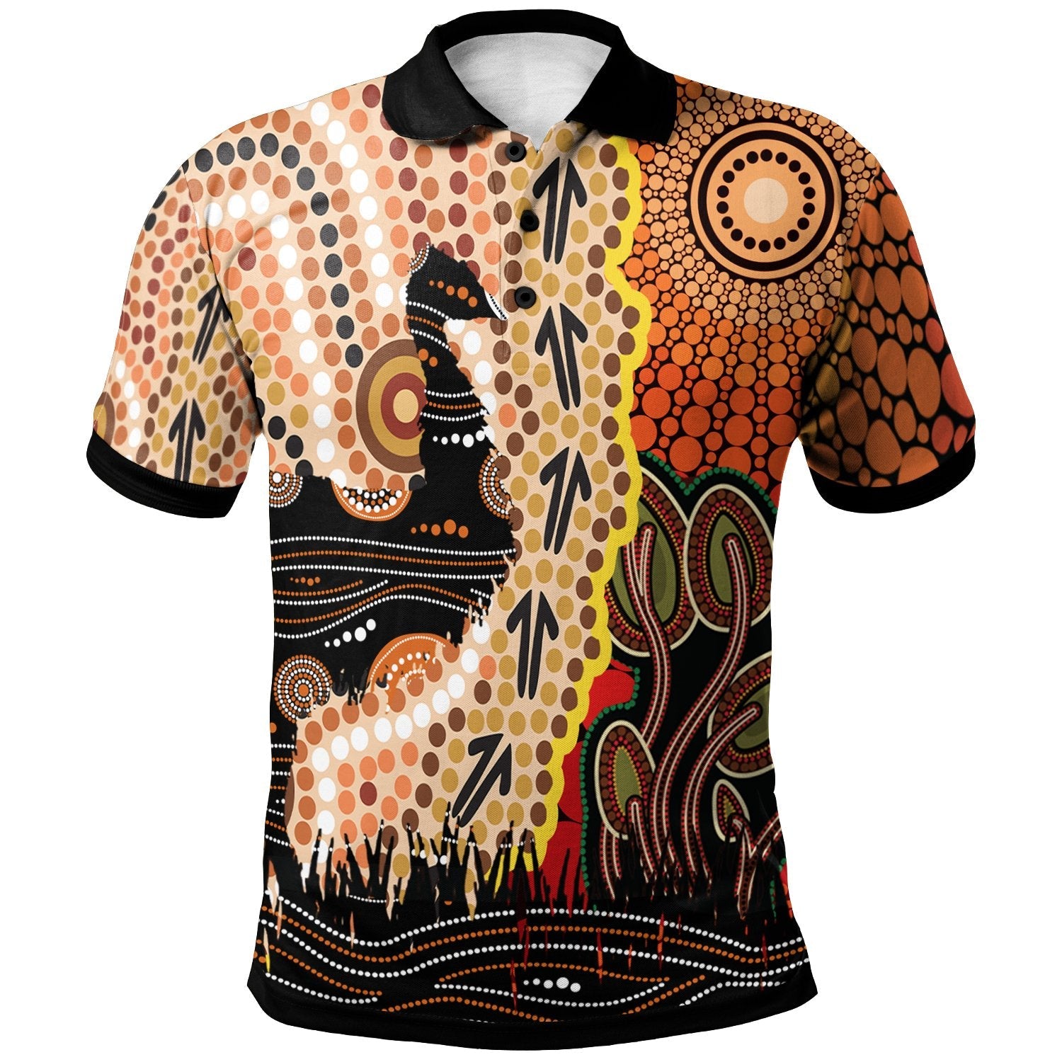 Polo Shirt - Australian Aboriginal Sun and Emu - Vibe Hoodie Shop