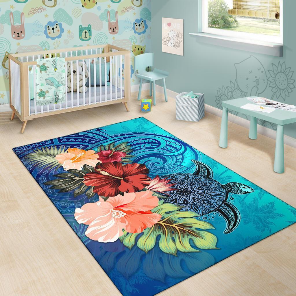 Turtle Polynesian Area Rug Hibiscus Polynesian Blue - Vibe Hoodie Shop