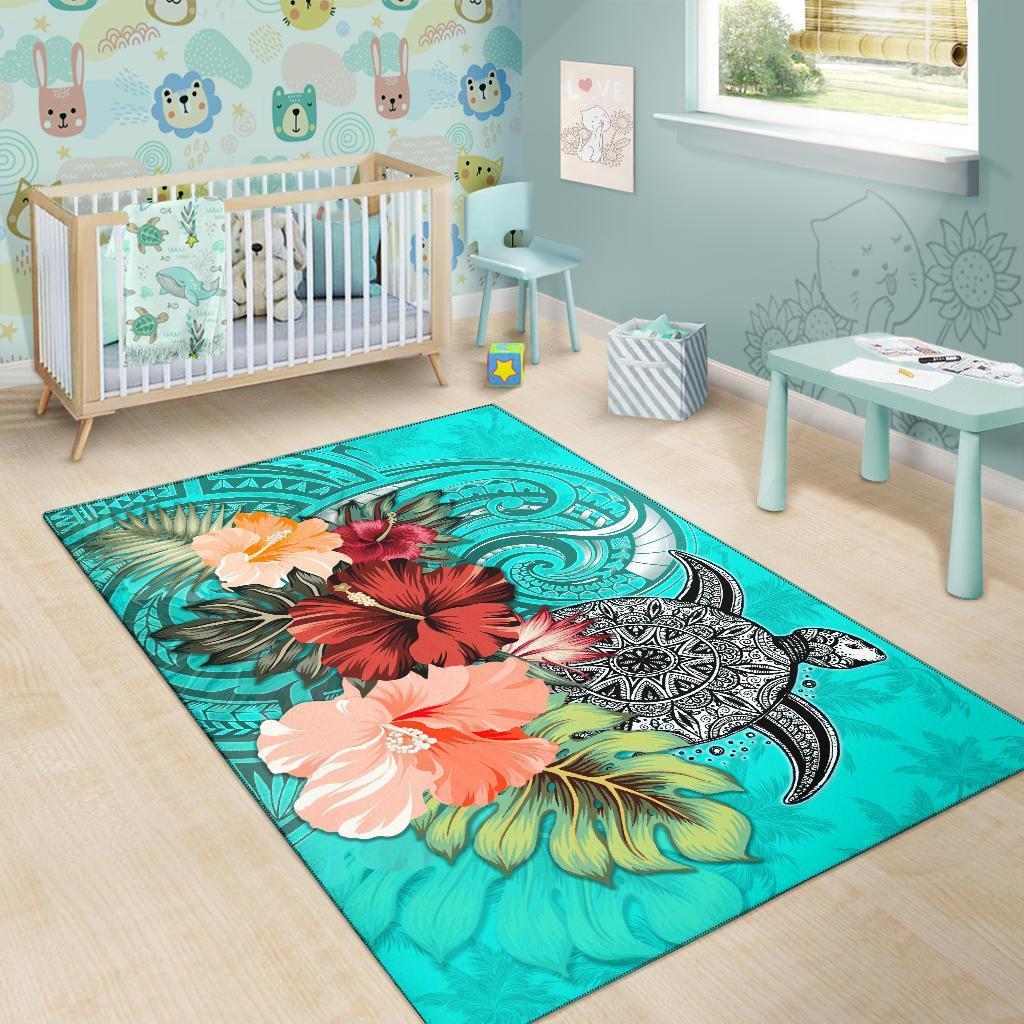 Turtle Polynesian Area Rug Hibiscus Polynesian Turquoise - Vibe Hoodie Shop