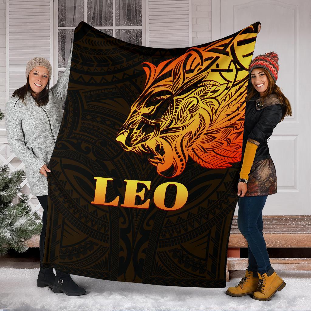 Sun In Leo Zodiac Premium Blanket Polynesian Tattoo Simple - Orange Black - Vibe Hoodie Shop