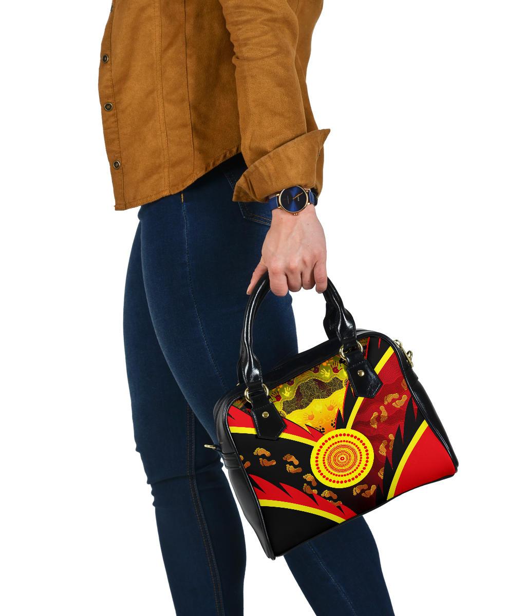 Aboriginal Shoulder Handbag - Indigenous Flag With Footprint Hand Art - Vibe Hoodie Shop