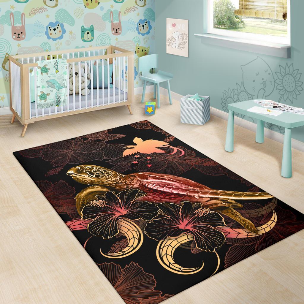 Papua New Guinea Polynesian Area Rugs - Turtle With Blooming Hibiscus Gold - Vibe Hoodie Shop