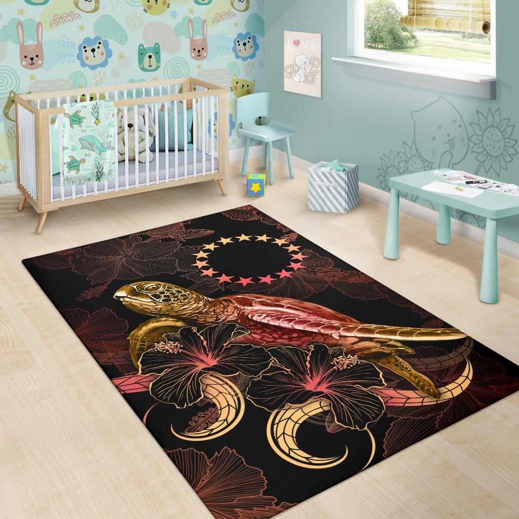 Cook Islands Polynesian Area Rugs - Turtle With Blooming Hibiscus Gold - Vibe Hoodie Shop