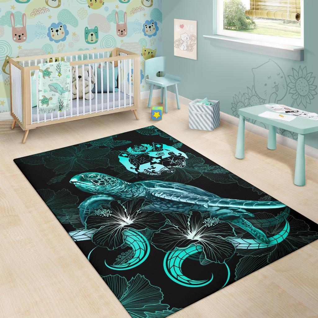 Tonga Polynesian Area Rugs - Turtle With Blooming Hibiscus Turquoise - Vibe Hoodie Shop