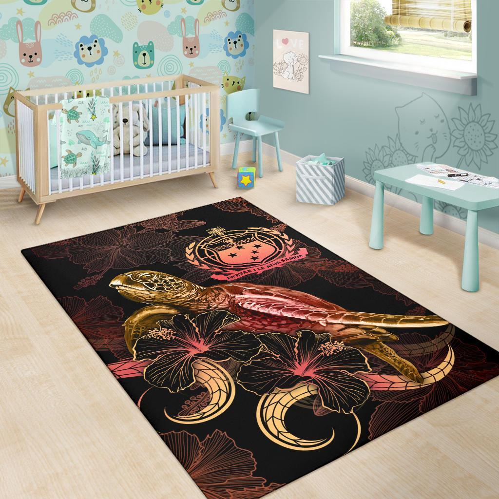 Samoa Polynesian Area Rugs - Turtle With Blooming Hibiscus Gold - Vibe Hoodie Shop