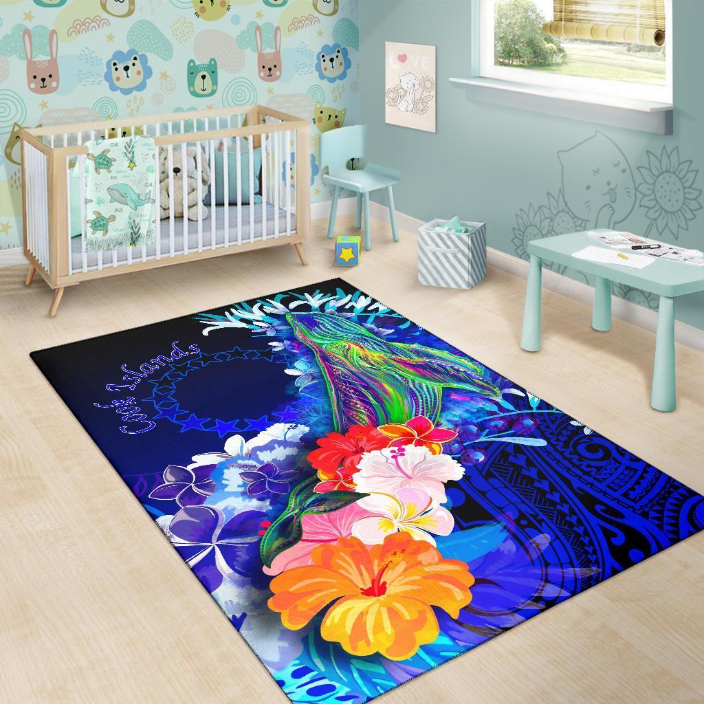 Cook Islands Area Rug - Humpback Whale with Tropical Flowers (Blue) - Vibe Hoodie Shop