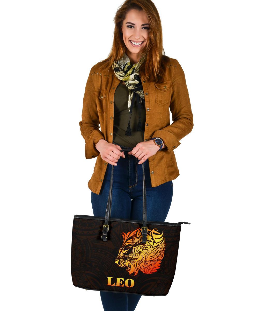 sun-in-leo-zodiac-large-leather-tote-polynesian-tattoo-simple-orange-black