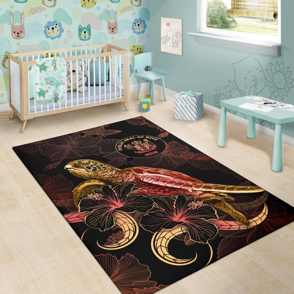 Niue Polynesian Area Rugs - Turtle With Blooming Hibiscus Gold - Vibe Hoodie Shop