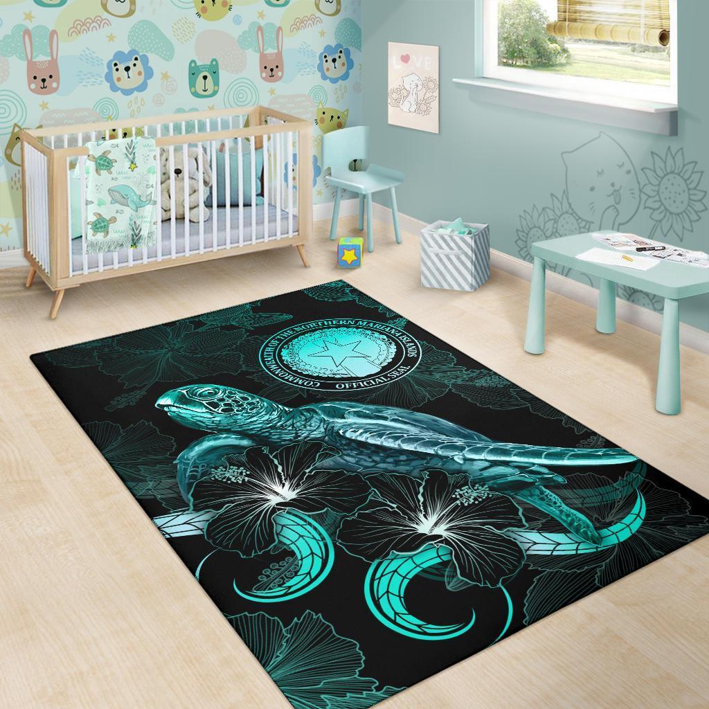 CNMI Polynesian Area Rugs - Turtle With Blooming Hibiscus Turquoise - Vibe Hoodie Shop