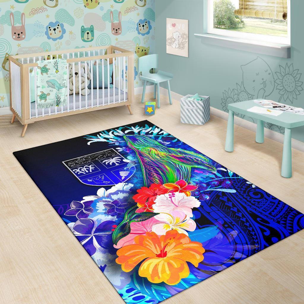 Fiji Area Rug - Humpback Whale with Tropical Flowers (Blue) - Vibe Hoodie Shop