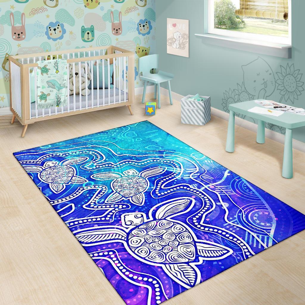 Aboriginal Area Rug - Sea Turtle With Indigenous Patterns (Blue) - Vibe Hoodie Shop