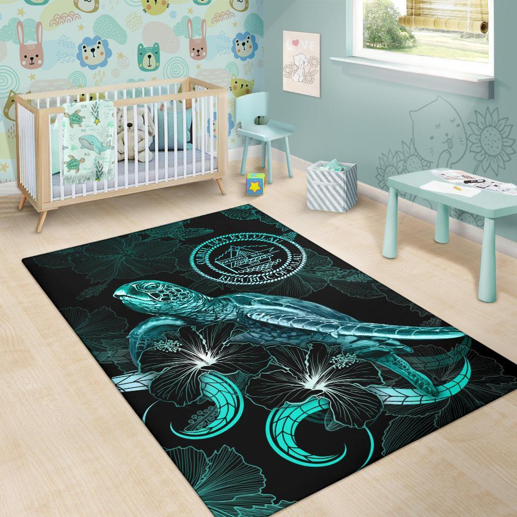 Palau Polynesian Area Rugs - Turtle With Blooming Hibiscus Turquoise - Vibe Hoodie Shop