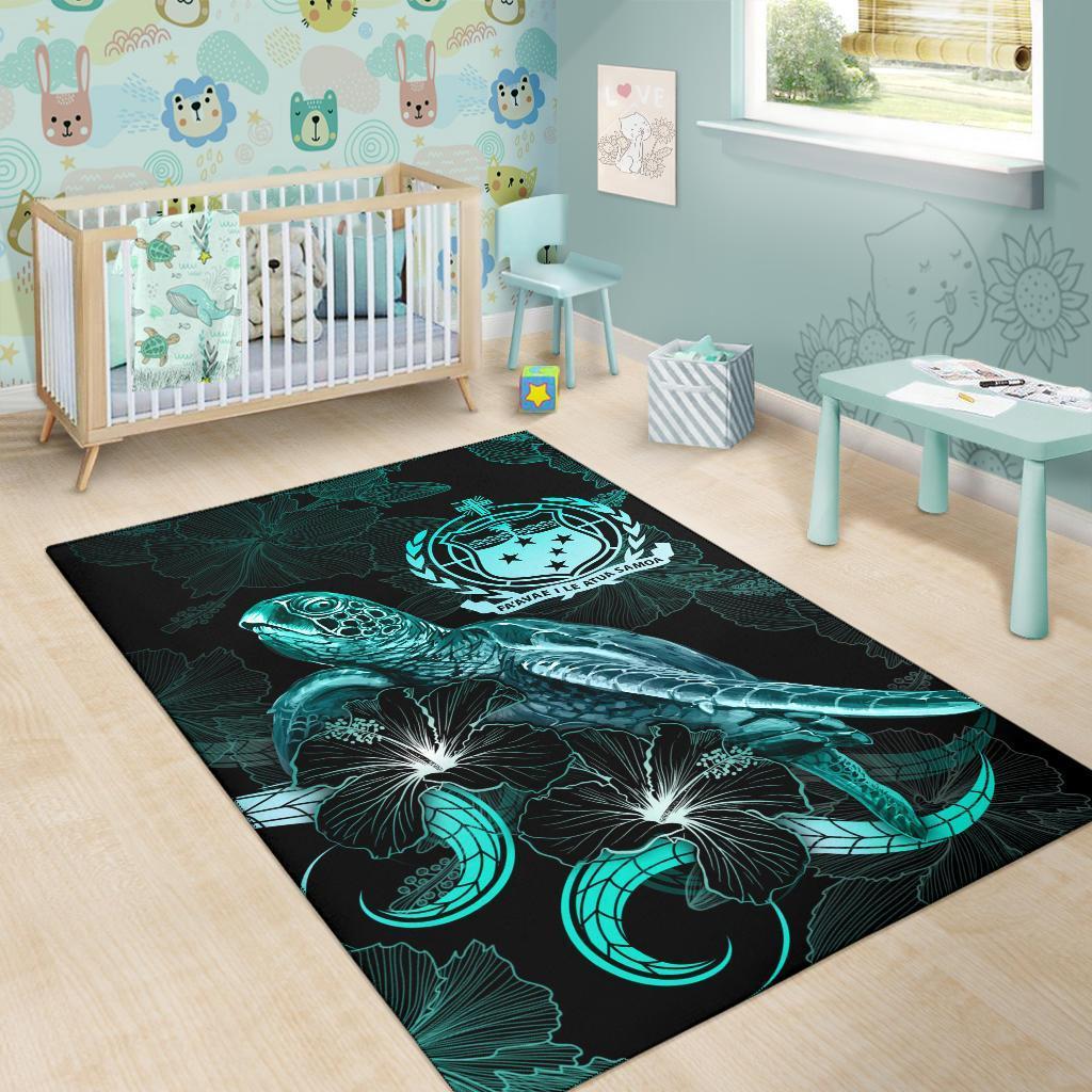 Samoa Polynesian Area Rugs - Turtle With Blooming Hibiscus Turquoise - Vibe Hoodie Shop