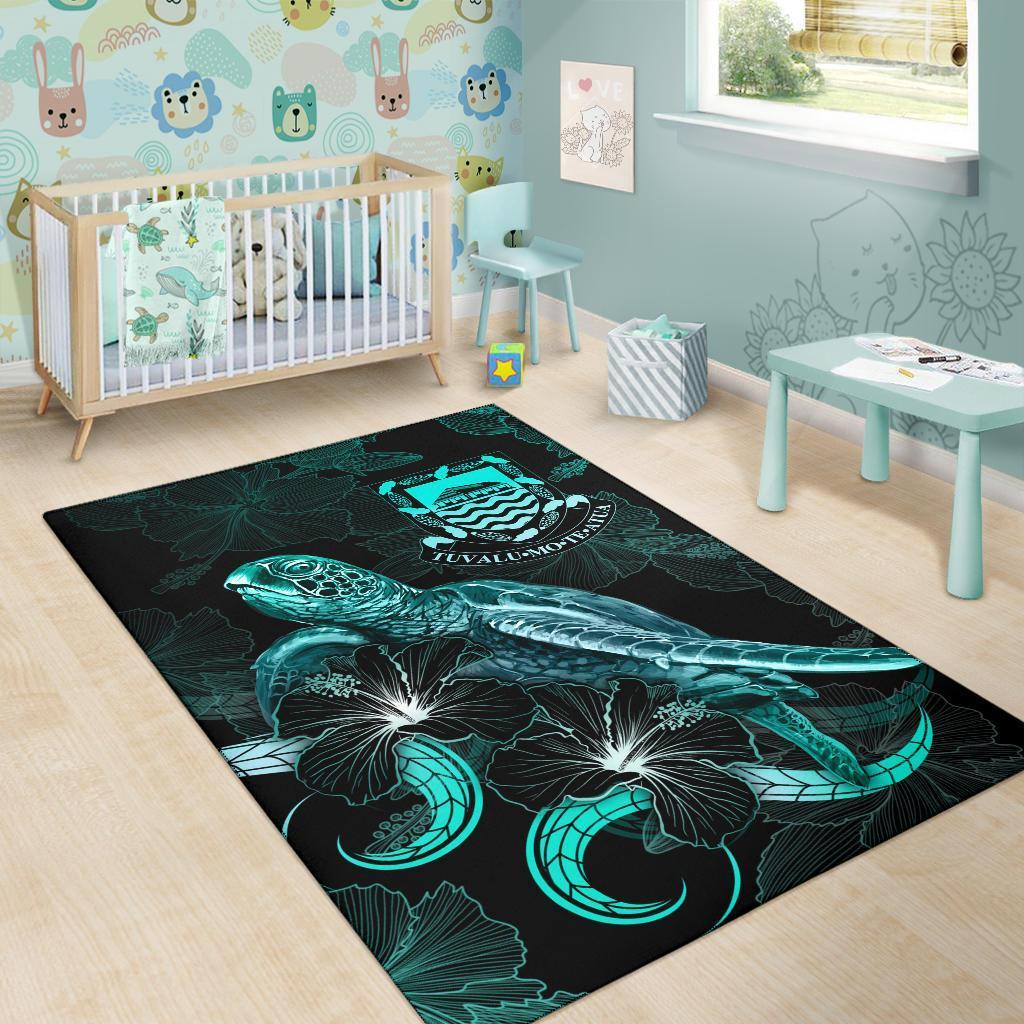 Tuvalu Polynesian Area Rugs - Turtle With Blooming Hibiscus Turquoise - Vibe Hoodie Shop