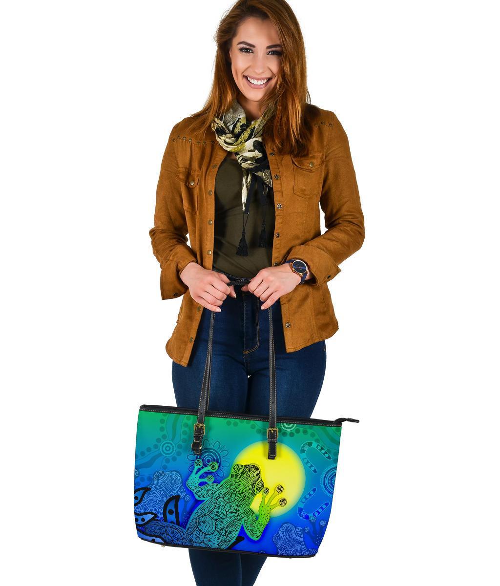 aboriginal-leather-tote-bag-indigenous-frog-blue