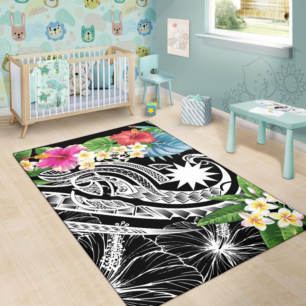 Nauru Polynesian Area Rug - Summer Plumeria (Black) - Vibe Hoodie Shop