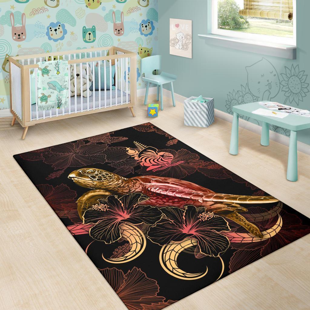 New Caledonia Polynesian Area Rugs - Turtle With Blooming Hibiscus Gold - Vibe Hoodie Shop